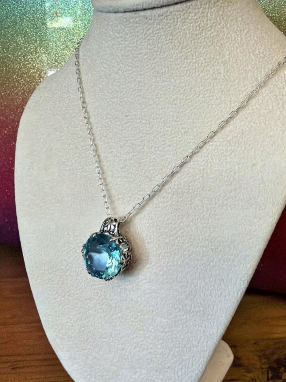 Aquamarine Sterling Silver Filigree Necklace Simulated Gem